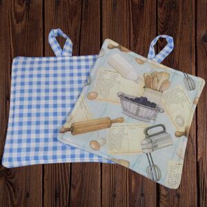 Handmade Potholder, Set of 2, Reversible Baking and Blue Gingham Hot Pads